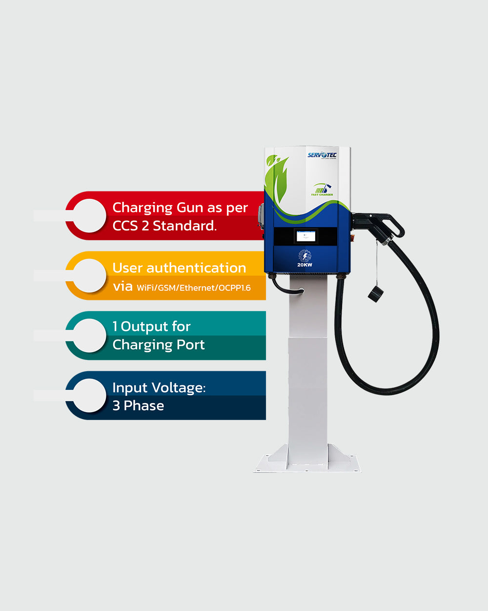 Servotech 20kW DC EV Charger with Single CCS 2 (3 Phase) Gun
