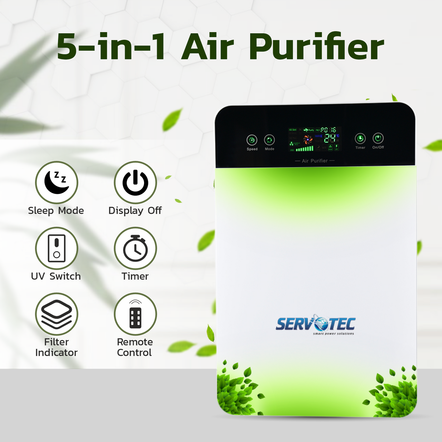 Servotech Air Purifier For Living room,Bedroom&Office |13 Hepa Filter|CADR 180m3/h|Smart Digital Display|Remote Control| Portable Room Air Purifier
