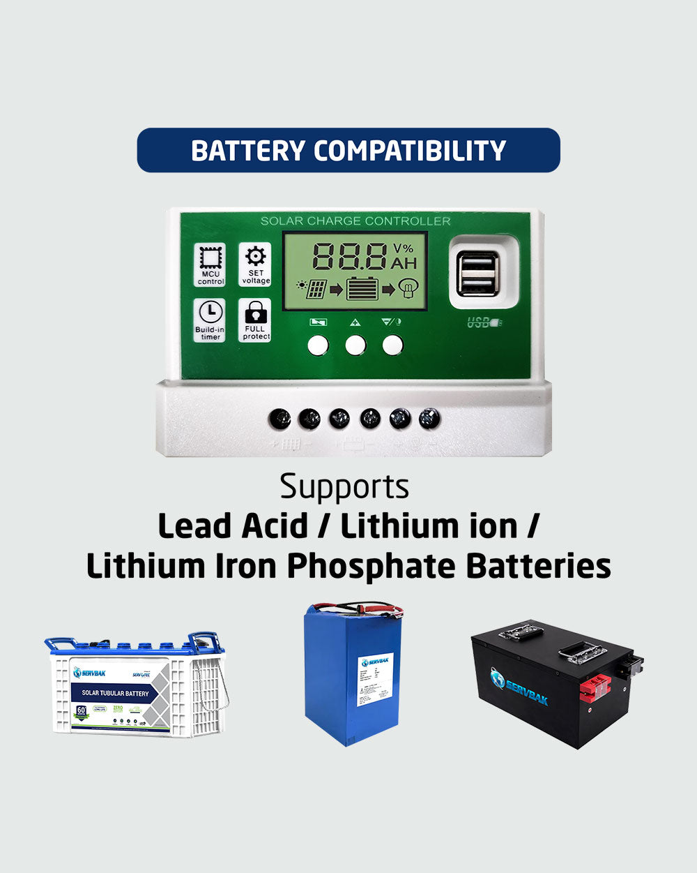 Servotech Solar Charge Controller (12V/24V), Adjustable LCD Display, Supports Lead Acid, Lithium-Ion and Iron Phosphate Battery