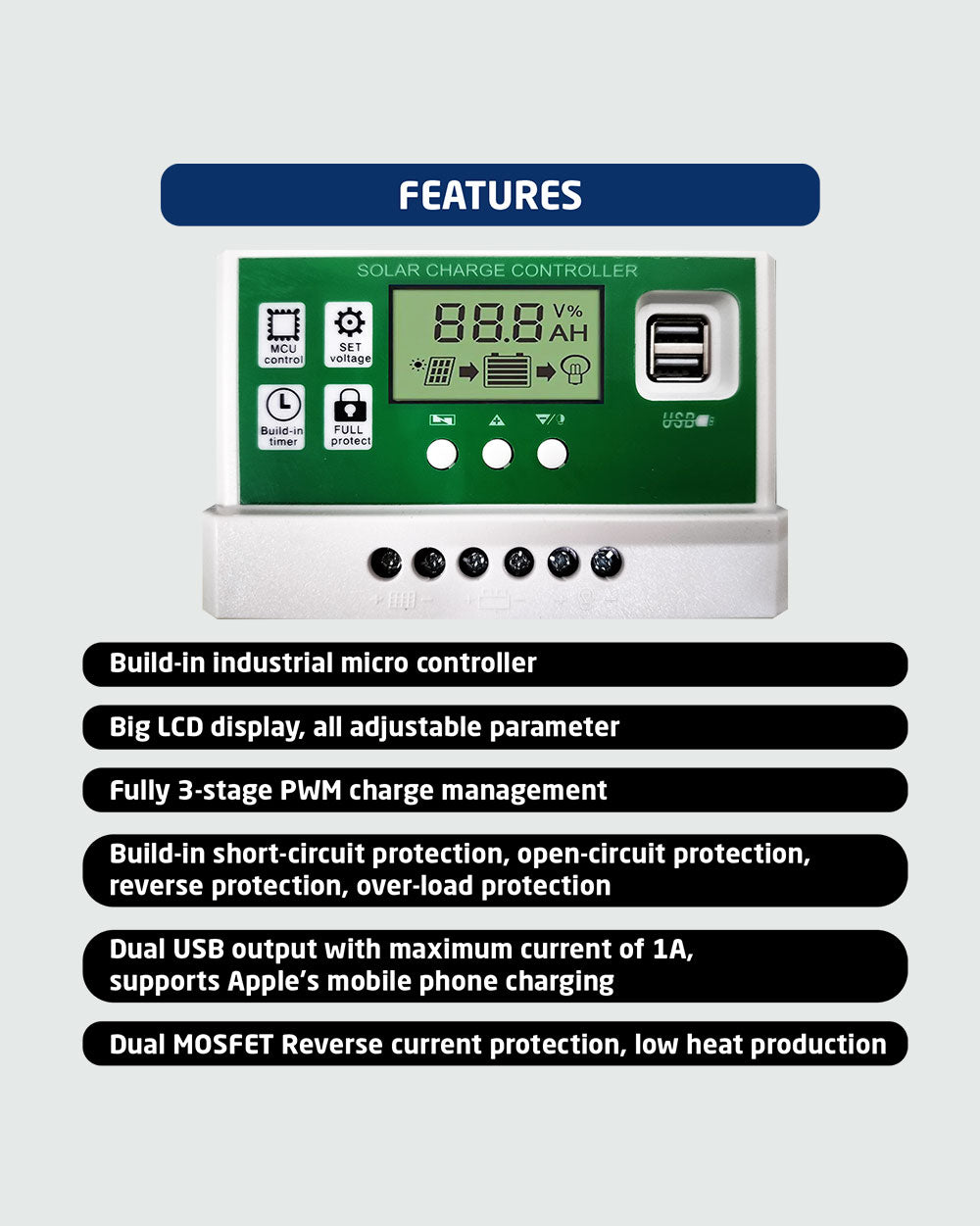 Servotech Solar Charge Controller (12V/24V), Adjustable LCD Display, Supports Lead Acid, Lithium-Ion and Iron Phosphate Battery
