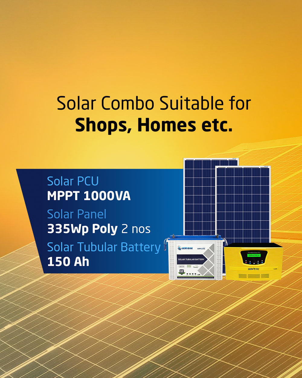 Solar Off Grid Combo | Solar Inverter 1kW MPPT + 150Ah Tubular Battery (1 N) + 335 Watt Poly Solar Panel (2 N)