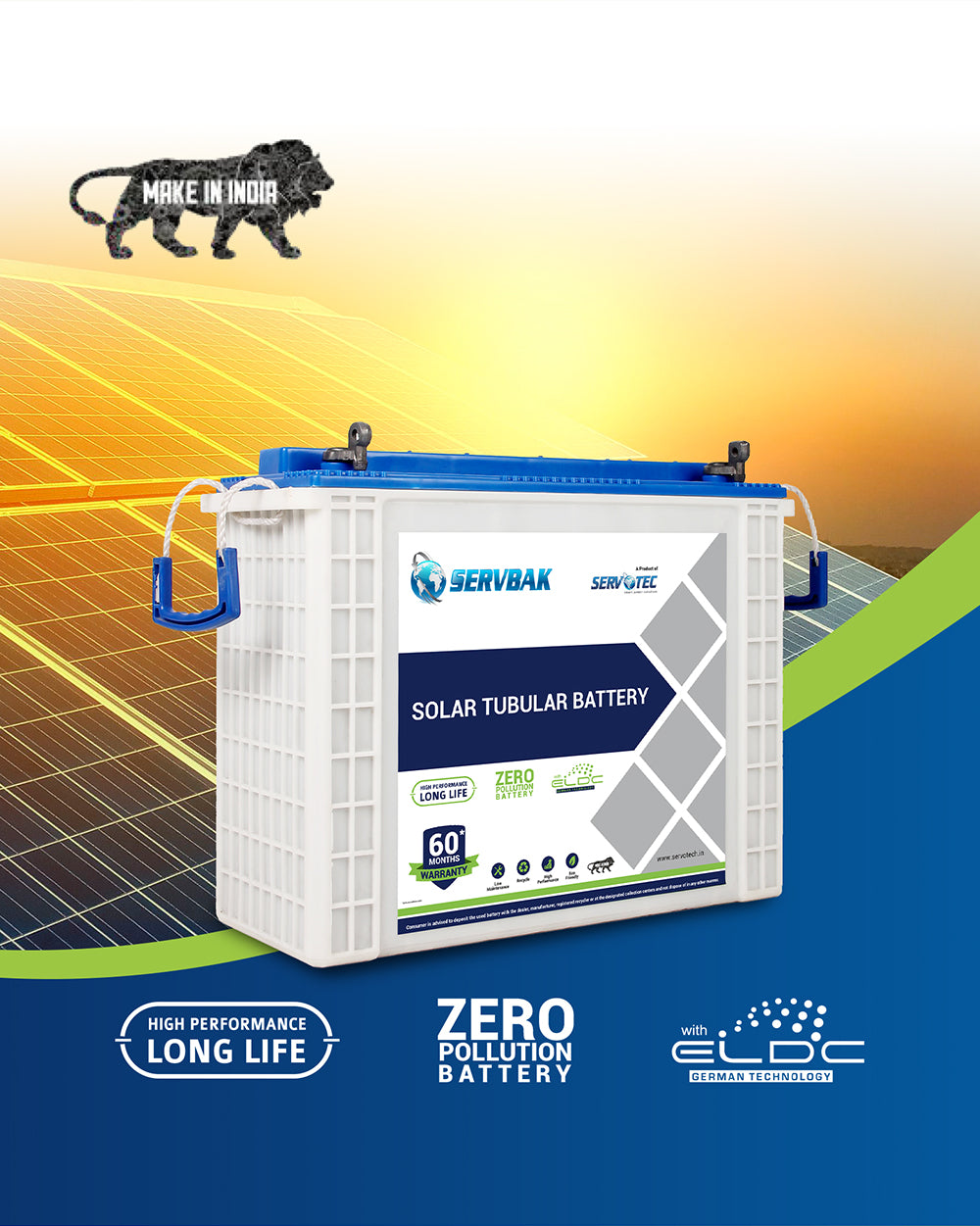 SERVBAK Tubular Solar Battery Solar Solution for Homes, Offices & Shops, Rechargeable 60 Months Warranty, 12 Volt, PCPP Container
