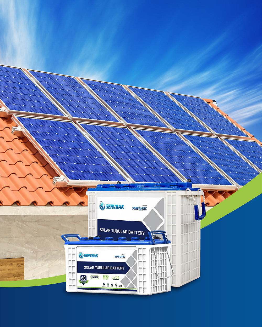 SERVBAK Tubular Solar Battery Solar Solution for Homes, Offices & Shops, Rechargeable 60 Months Warranty, 12 Volt, PCPP Container