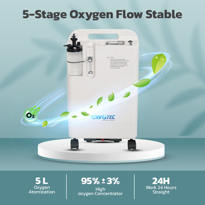 Servotech JAY-5BW Oxygen Concentrator 5 Litres - Medical Grade with 95% ± 3% Oxygen Purity | Continuous Flow 1-5 LPM | Low Noise Operation | Compact Design for Home & Hospital Use | Includes Complete Accessories