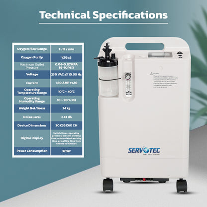 Servotech JAY-5BW Oxygen Concentrator 5 Litres - Medical Grade with 95% ± 3% Oxygen Purity | Continuous Flow 1-5 LPM | Low Noise Operation | Compact Design for Home & Hospital Use | Includes Complete Accessories