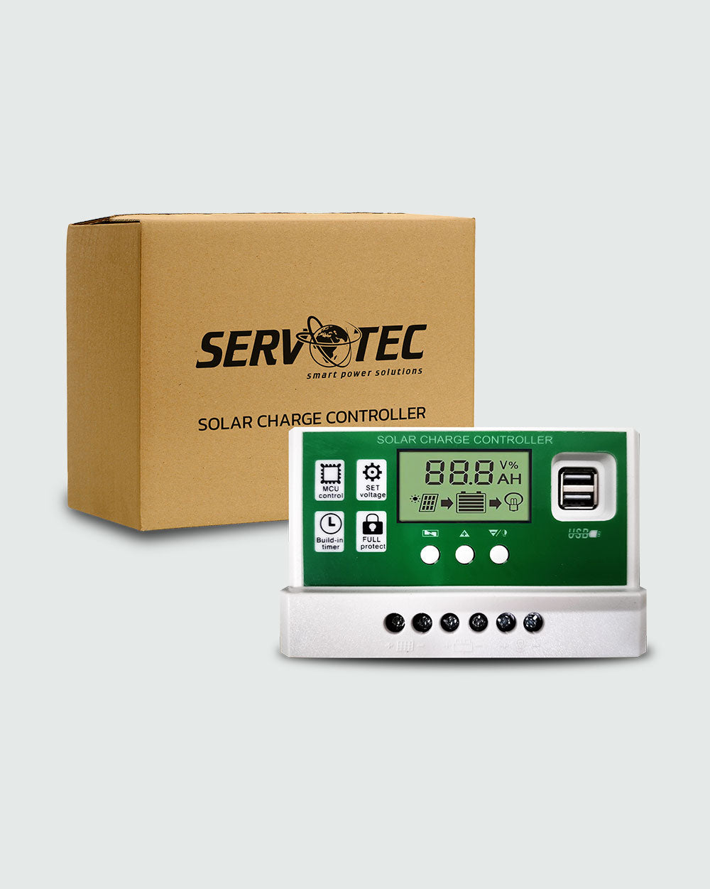 Servotech Solar Charge Controller (12V/24V), Adjustable LCD Display, Supports Lead Acid, Lithium-Ion and Iron Phosphate Battery