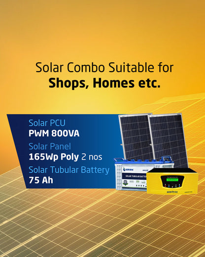 Solar Off Grid Combo |  Solar Inverter 800VA + 75Ah Tubular Battery (1 N) + 165 Watt Poly Solar Panel (2 N)