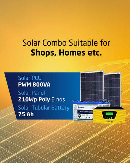 Solar Off Grid Combo |  Solar Inverter 800VA + 75Ah Tubular Battery (1 N) + 210 Watt Poly Solar Panel (2 N)